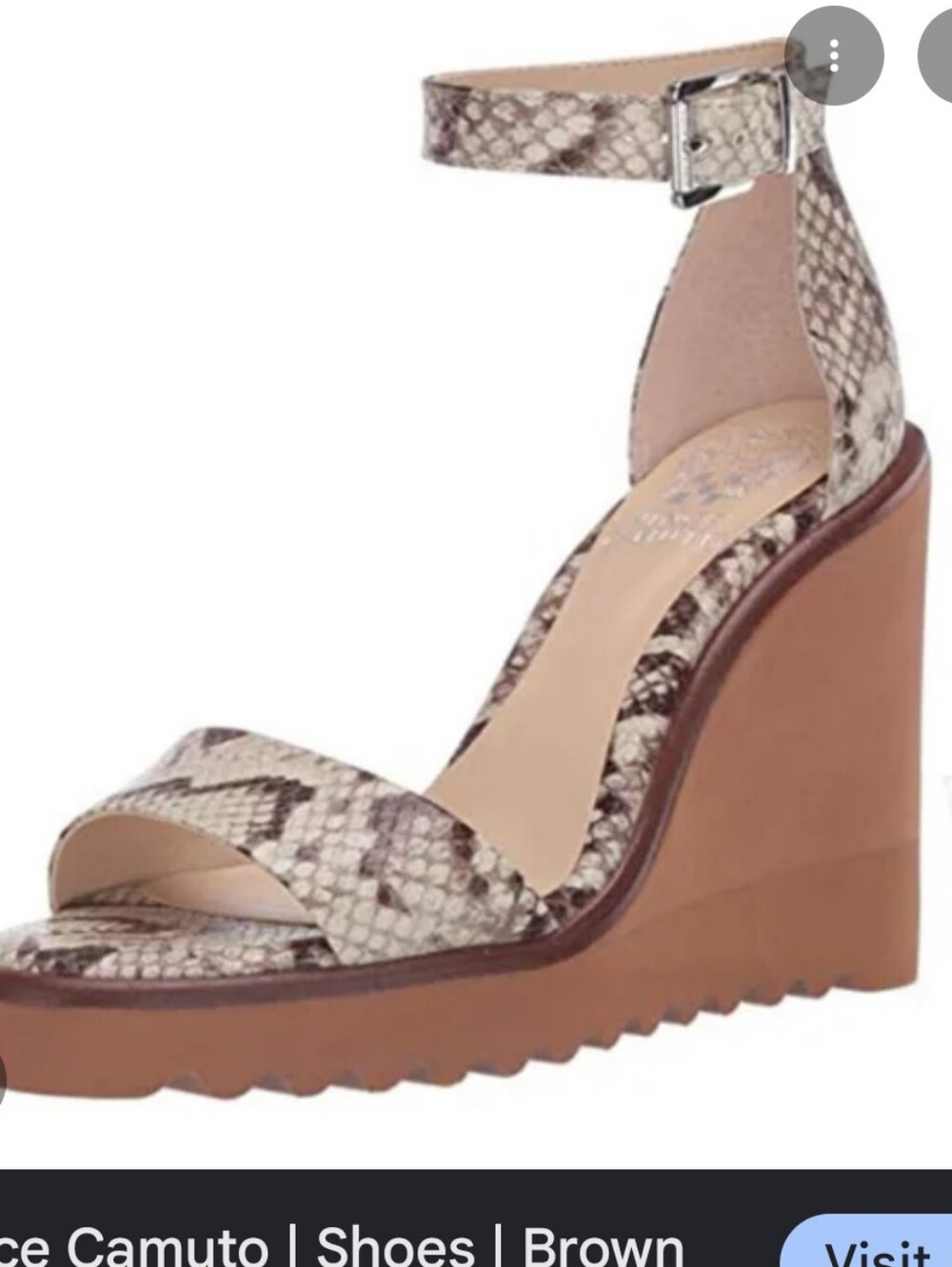 Vince Camuto "Gretam" Leather Snake-Print Ankle Strap Wedges in Taupe and Ivory